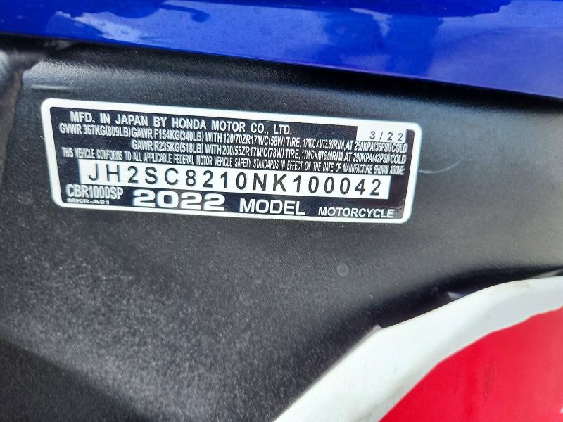 Aukcja sprzedaży 2022 Honda Cbr1000, vin: JH2SC8210NK100042, numer aukcji: 53943646