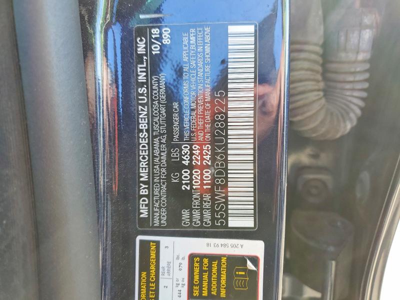 54347346 :رقم المزاد ، 55SWF8DB6KU288225 vin ، 2019 Mercedes-benz C مزاد بيع
