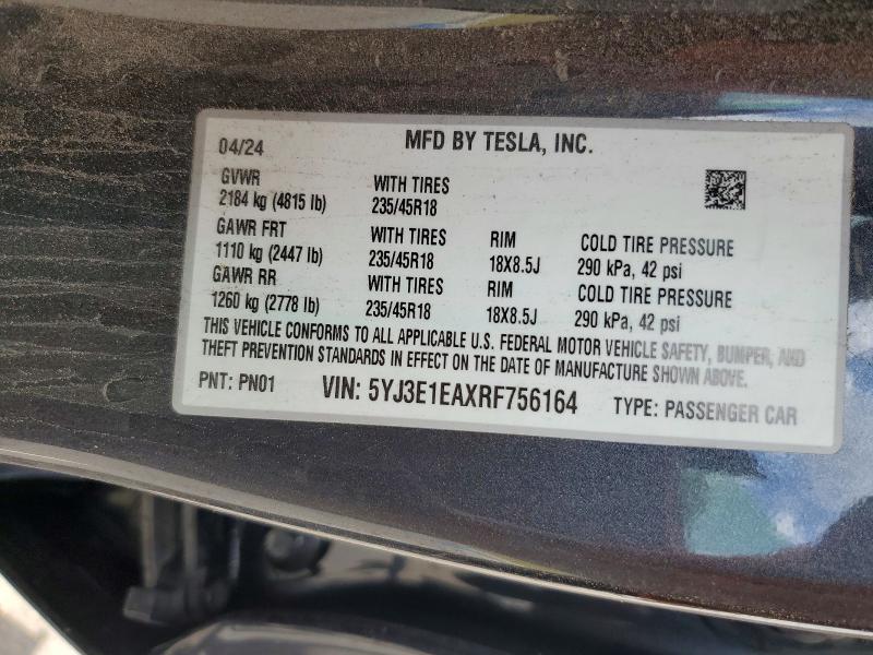 Aukcja sprzedaży 2024 Tesla Model 3, vin: 5YJ3E1EAXRF756164, numer aukcji: 52683736