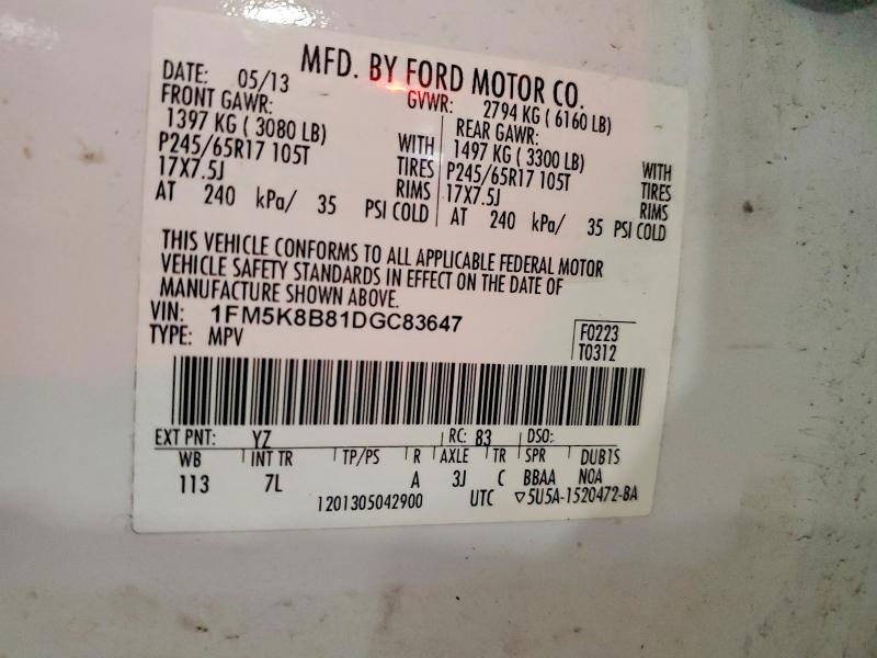 Продаж на аукціоні авто 2013 Ford Explorer, vin: 1FM5K8B81DGC83647, номер лоту: 54487216