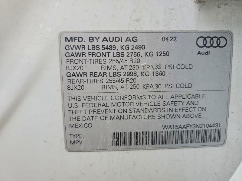 2022 Audi Q5 მანქანა იყიდება აუქციონზე, vin: WA15AAFY3N2104431, აუქციონის ნომერი: 52373576