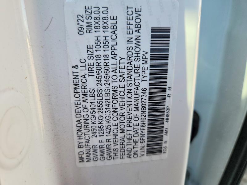 Продаж на аукціоні авто 2022 Honda Passport, vin: 5FNYF8H62NB027346, номер лоту: 54319466