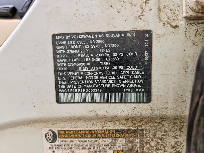 Aukcja sprzedaży 2015 Volkswagen Touareg, vin: WVGEP9BP2FD003219, numer aukcji: 52782346