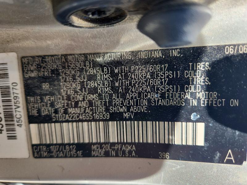 Auction sale of the 2006 Toyota Sienna, vin: 5TDZA22C46S516939, lot number: 53931296