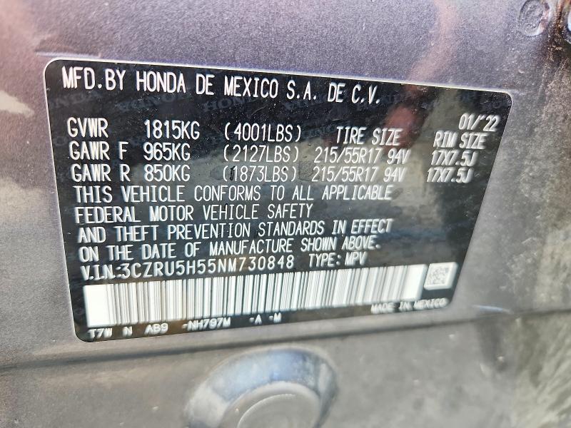 2022 Honda Hr-v მანქანა იყიდება აუქციონზე, vin: 3CZRU5H55NM730848, აუქციონის ნომერი: 54068766