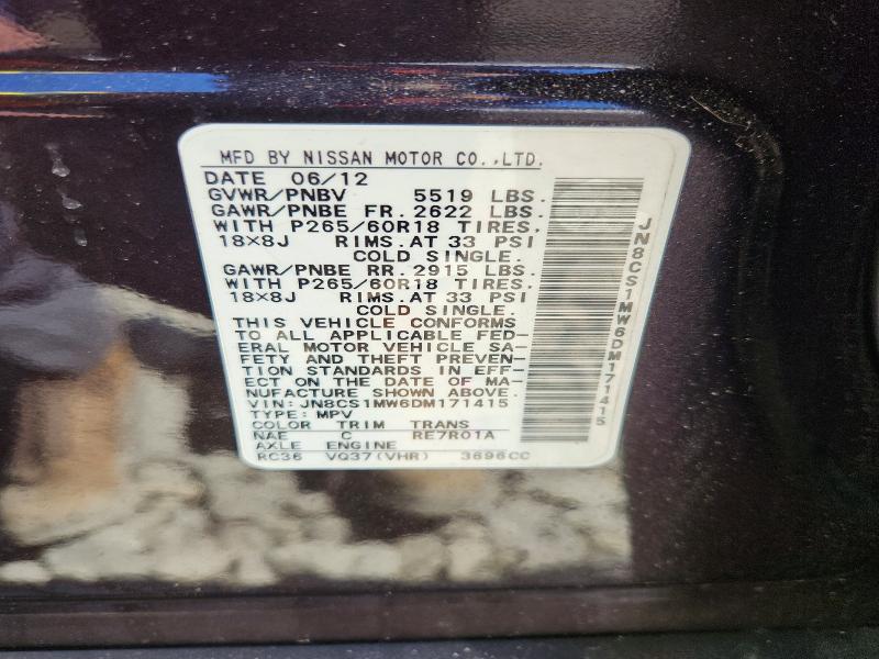 53033386 :رقم المزاد ، JN8CS1MW6DM171415 vin ، 2013 Infiniti Fx37 مزاد بيع