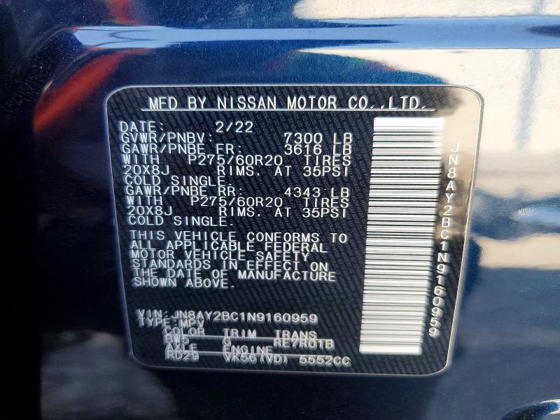 Aukcja sprzedaży 2022 Nissan Armada, vin: JN8AY2BC1N9160959, numer aukcji: 52569336