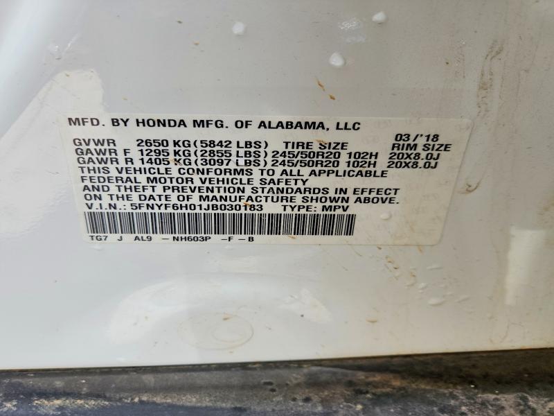 2018 Honda Pilot მანქანა იყიდება აუქციონზე, vin: 5FNYF6H01JB030183, აუქციონის ნომერი: 54613686