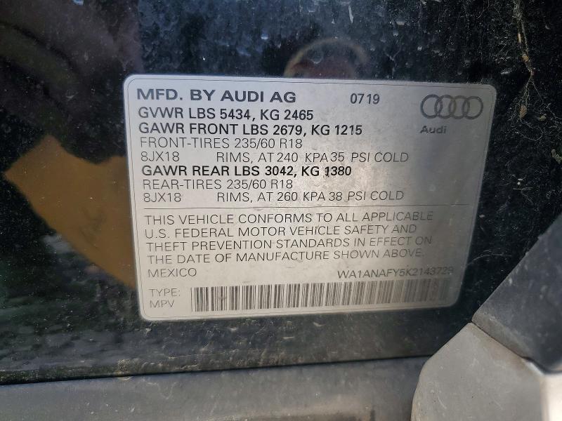 53388176 :رقم المزاد ، WA1ANAFY5K2143729 vin ، 2019 Audi Q5 مزاد بيع