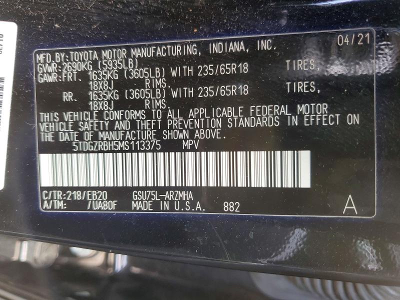 Продажа на аукционе авто 2021 Toyota Highlander, vin: 5TDGZRBH5MS113375, номер лота: 55118326