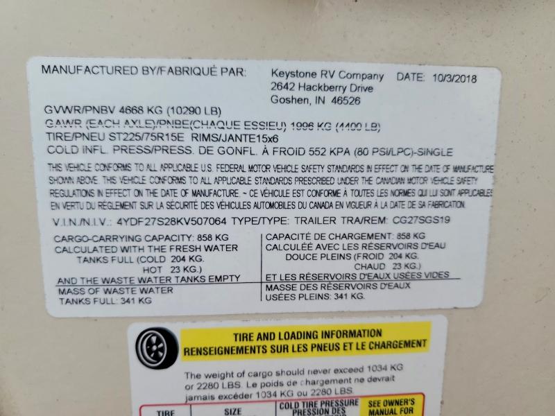 Aukcja sprzedaży 2019 Keystone Cougar, vin: 4YDF27S28KV507064, numer aukcji: 52065526