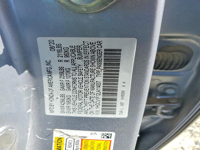 53531016 :رقم المزاد ، 1HGCV1F12LA114537 vin ، 2020 Honda Accord مزاد بيع