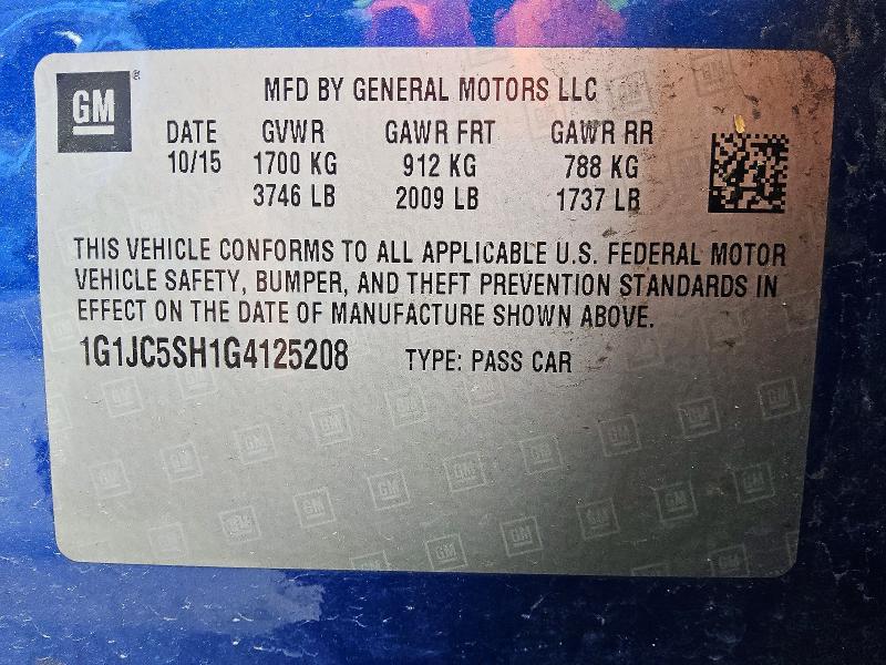 52616346 :رقم المزاد ، 1G1JC5SH1G4125208 vin ، 2016 Chevrolet Sonic مزاد بيع