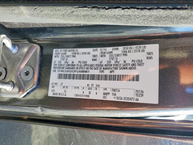 2015 Ford Escape მანქანა იყიდება აუქციონზე, vin: 1FMCU0GX3FUA98961, აუქციონის ნომერი: 53901686