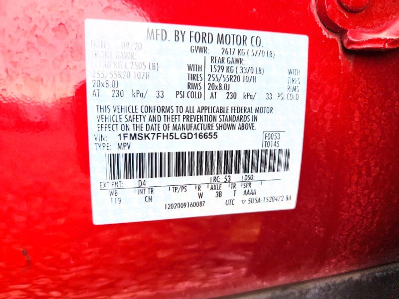Aukcja sprzedaży 2020 Ford Explorer, vin: 1FMSK7FH5LGD16655, numer aukcji: 53908876