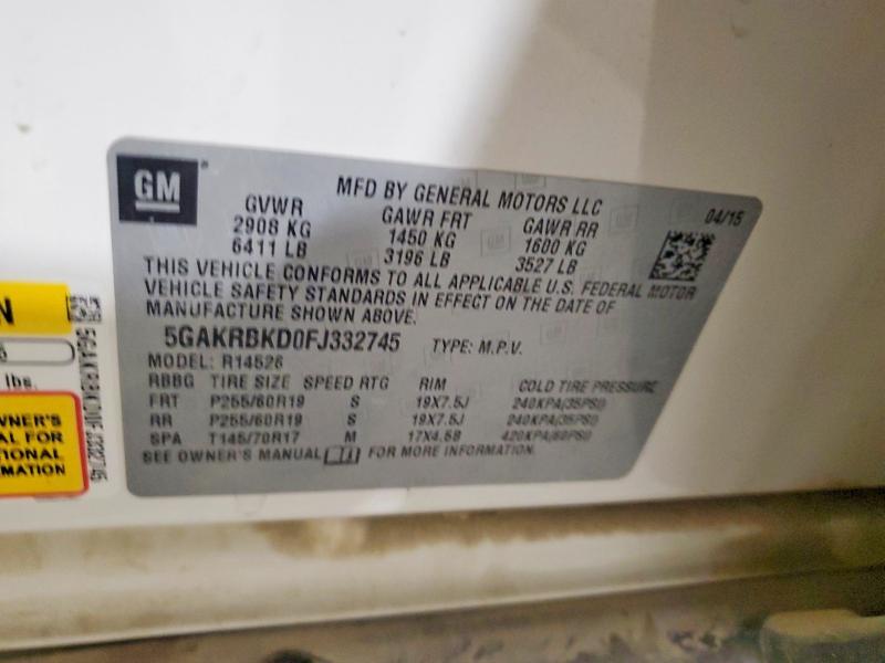 2015 Buick Enclave მანქანა იყიდება აუქციონზე, vin: 5GAKRBKD0FJ332745, აუქციონის ნომერი: 52879026
