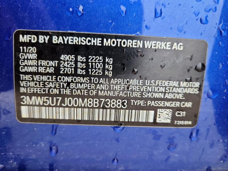 54913646 :رقم المزاد ، 3MW5U7J00M8B73883 vin ، 2021 Bmw M340i مزاد بيع