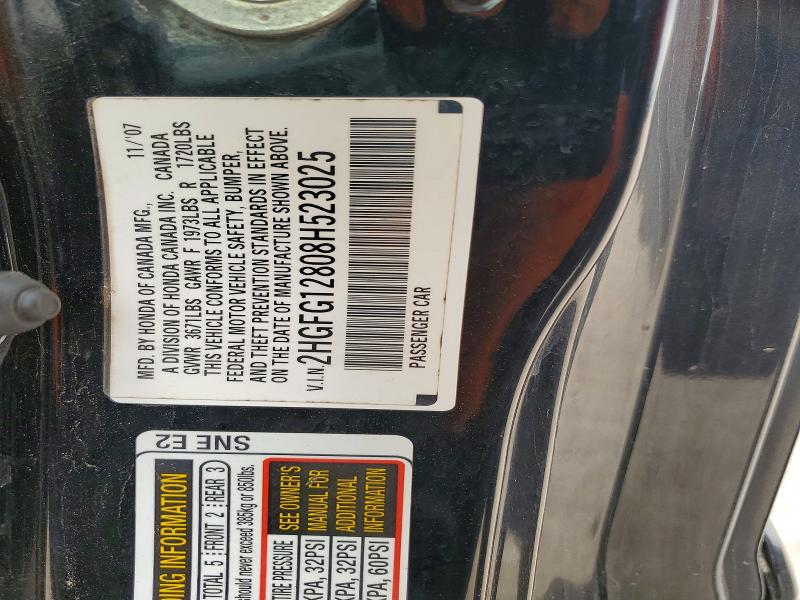 52215716 :رقم المزاد ، 2HGFG12808H523025 vin ، 2008 Honda Civic مزاد بيع