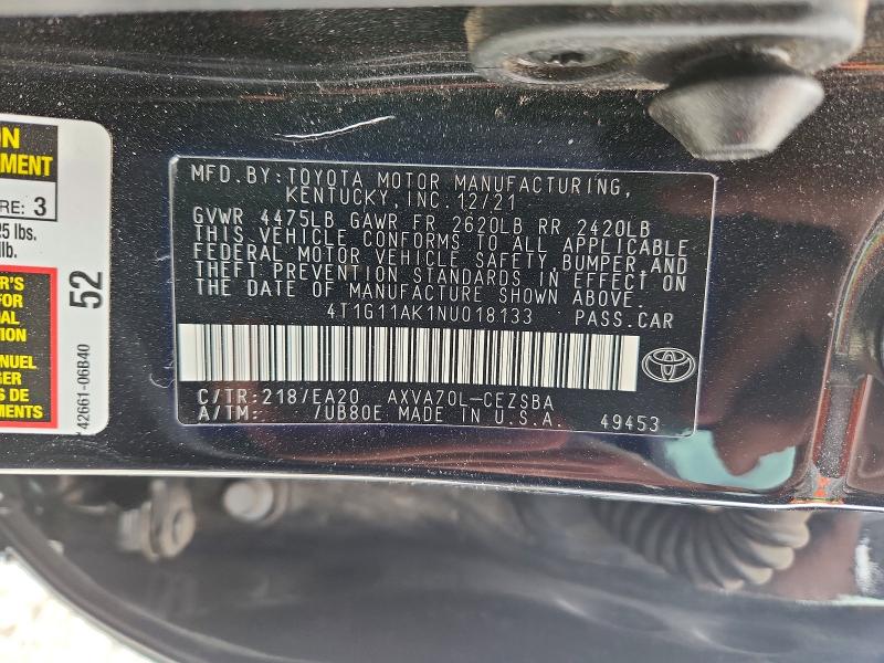 52614486 :رقم المزاد ، 4T1G11AK1NU018133 vin ، 2022 Toyota Camry مزاد بيع