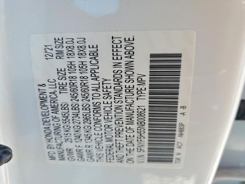 Aukcja sprzedaży 2022 Honda Pilot, vin: 5FNYF5H55NB008621, numer aukcji: 53569296