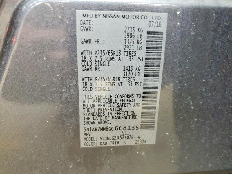 53971126 :رقم المزاد ، 5N1AR2MM8GC668135 vin ، 2016 Nissan Pathfinder مزاد بيع