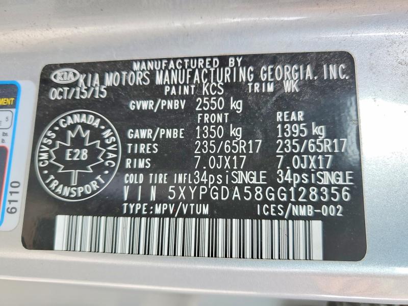 Auction sale of the 2016 Kia Sorento, vin: 5XYPGDA58GG128356, lot number: 51950966