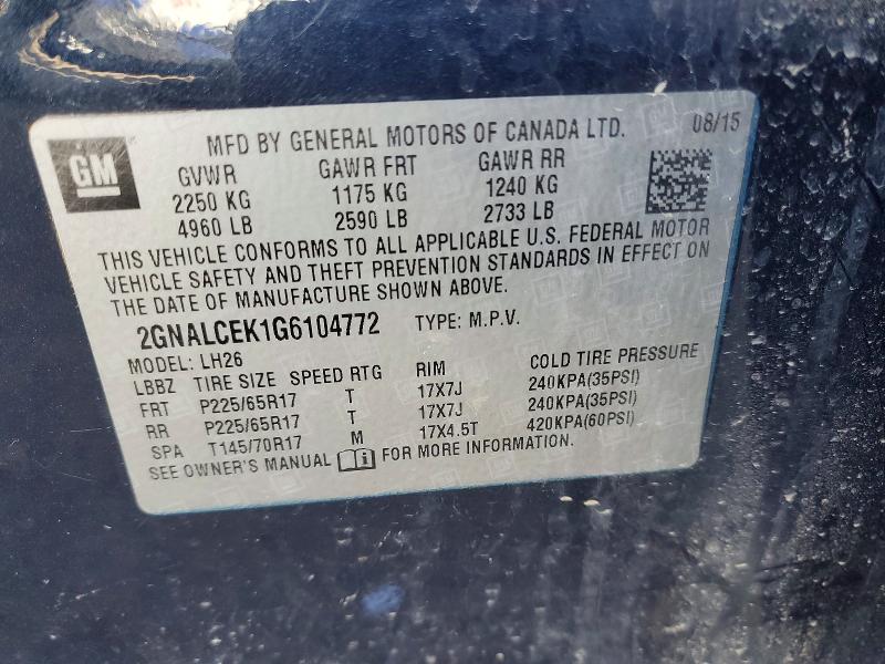 52468886 :رقم المزاد ، 2GNALCEK1G6104772 vin ، 2016 Chevrolet Equinox مزاد بيع