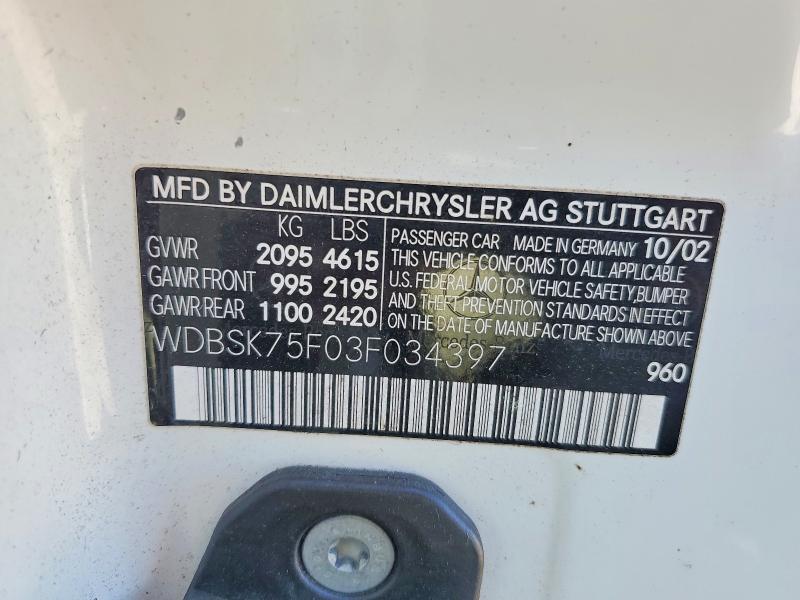 Aukcja sprzedaży 2003 Mercedes-benz Sl, vin: WDBSK75F03F034397, numer aukcji: 52661536