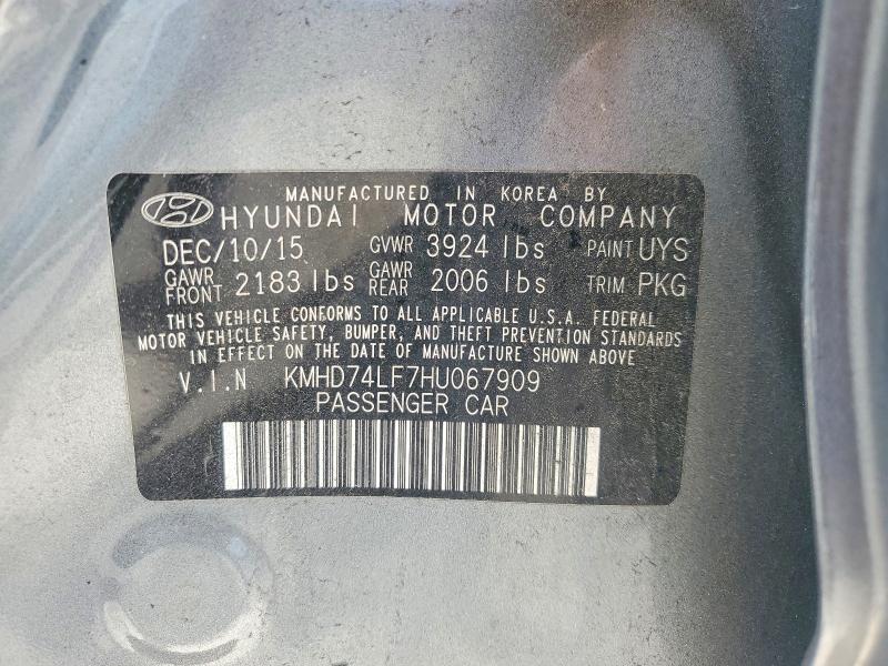 2017 Hyundai Elantra მანქანა იყიდება აუქციონზე, vin: KMHD74LF7HU067909, აუქციონის ნომერი: 53987026