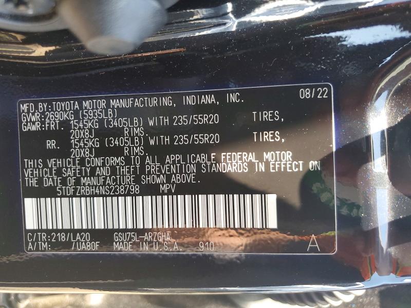 Aukcja sprzedaży 2022 Toyota Highlander, vin: 5TDFZRBH4NS238798, numer aukcji: 53888336