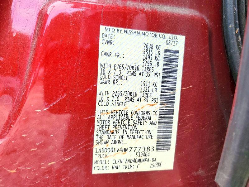 52913956 :رقم المزاد ، 1N6DD0EV4HN777383 vin ، 2017 Nissan Frontier مزاد بيع