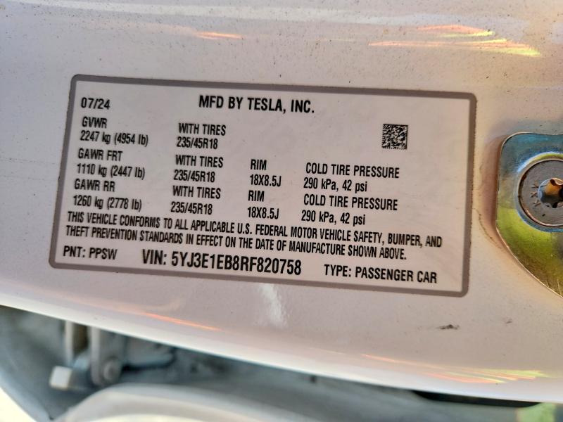 54780826 :رقم المزاد ، 5YJ3E1EB8RF820758 vin ، 2024 Tesla Model 3 مزاد بيع