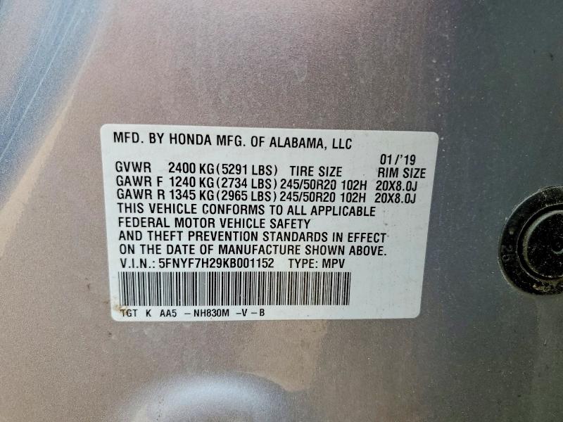 52434506 :رقم المزاد ، 5FNYF7H29KB001152 vin ، 2019 Honda Passport مزاد بيع