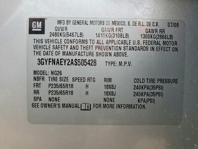 52200566 :رقم المزاد ، 3GYFNAEY2AS505428 vin ، 2010 Cadillac Srx مزاد بيع
