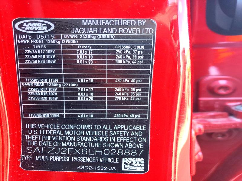 Продаж на аукціоні авто 2020 Land Rover Range Rover Evoque, vin: SALZJ2FX6LH028887, номер лоту: 51155296
