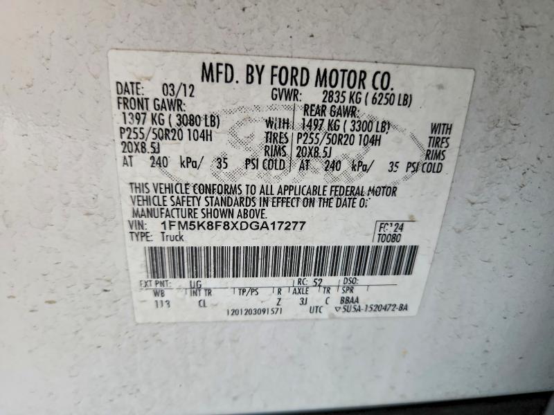 54655326 :رقم المزاد ، 1FM5K8F8XDGA17277 vin ، 2013 Ford Explorer مزاد بيع