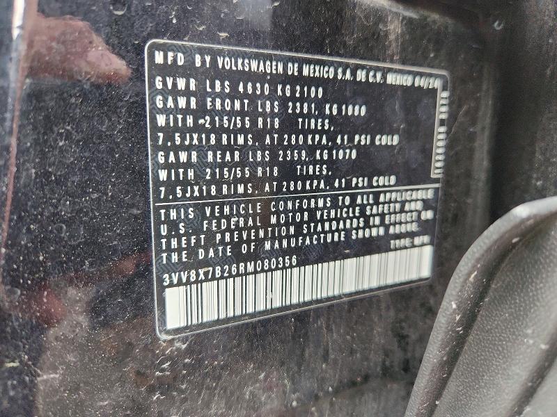 51020696 :رقم المزاد ، 3VV8X7B26RM080356 vin ، 2024 Volkswagen Taos مزاد بيع