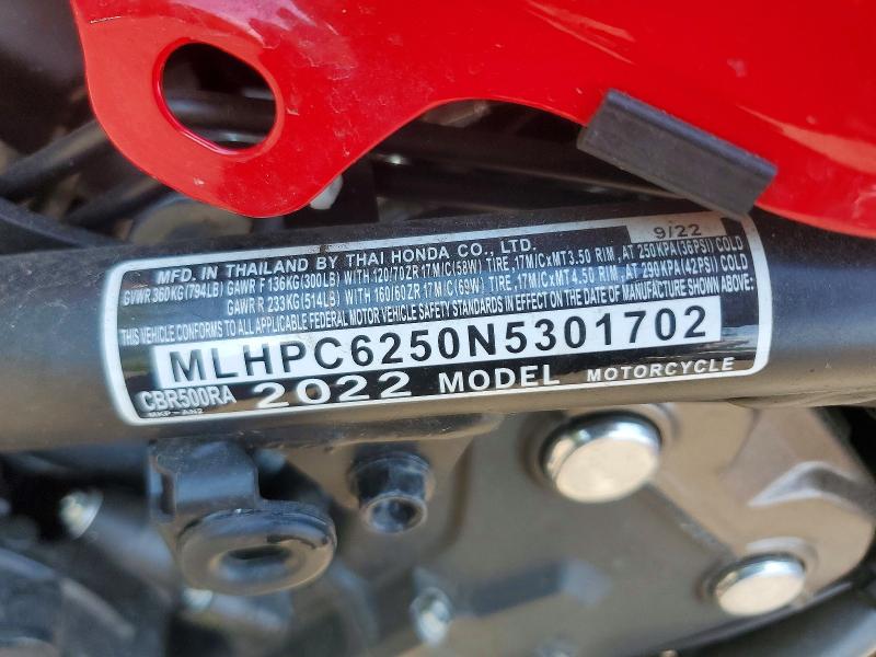 Продаж на аукціоні авто 2022 Honda Cbr500, vin: MLHPC6250N5301702, номер лоту: 53593216