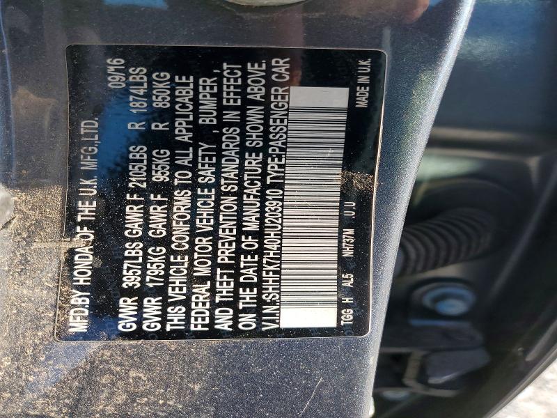 2017 Honda Civic მანქანა იყიდება აუქციონზე, vin: SHHFK7H40HU203910, აუქციონის ნომერი: 41627986