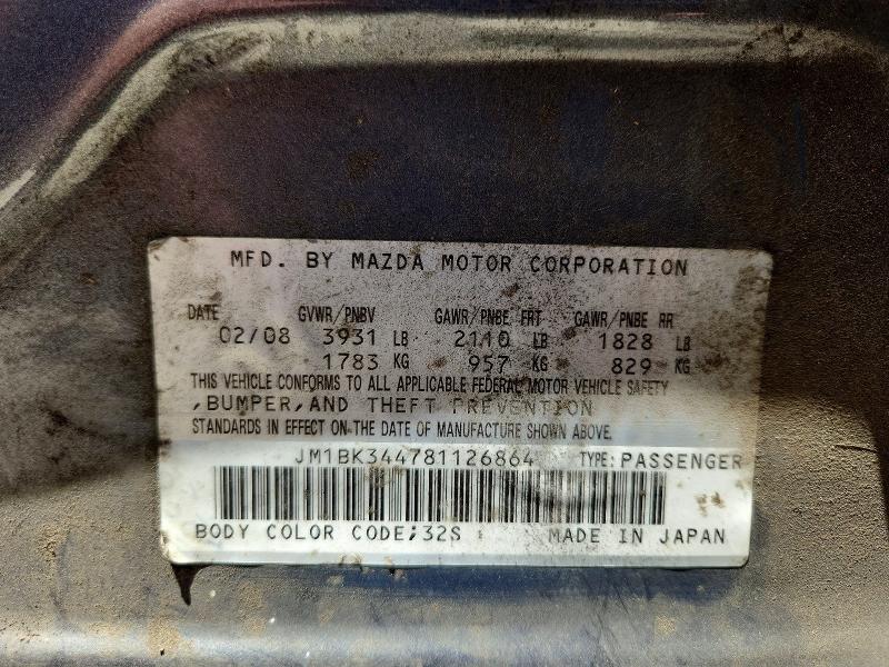 Продажа на аукционе авто 2008 Mazda 3, vin: JM1BK344781126864, номер лота: 52955956
