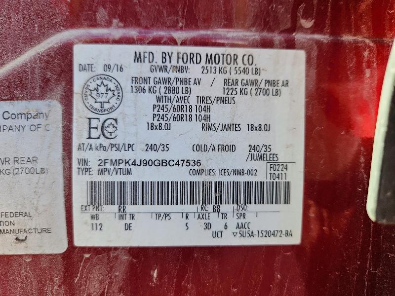 2016 Ford Edge მანქანა იყიდება აუქციონზე, vin: 2FMPK4J90GBC47536, აუქციონის ნომერი: 51990016