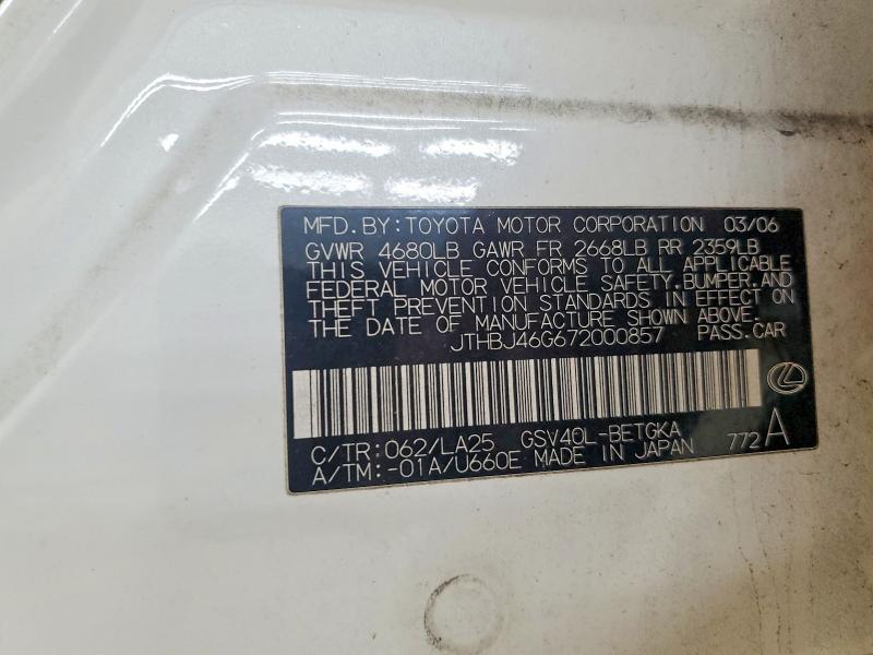 Продажа на аукционе авто 2007 Lexus Es, vin: JTHBJ46G672000857, номер лота: 54660886