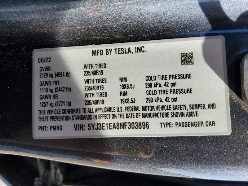 Aukcja sprzedaży 2022 Tesla Model 3, vin: 5YJ3E1EA8NF303896, numer aukcji: 54796646