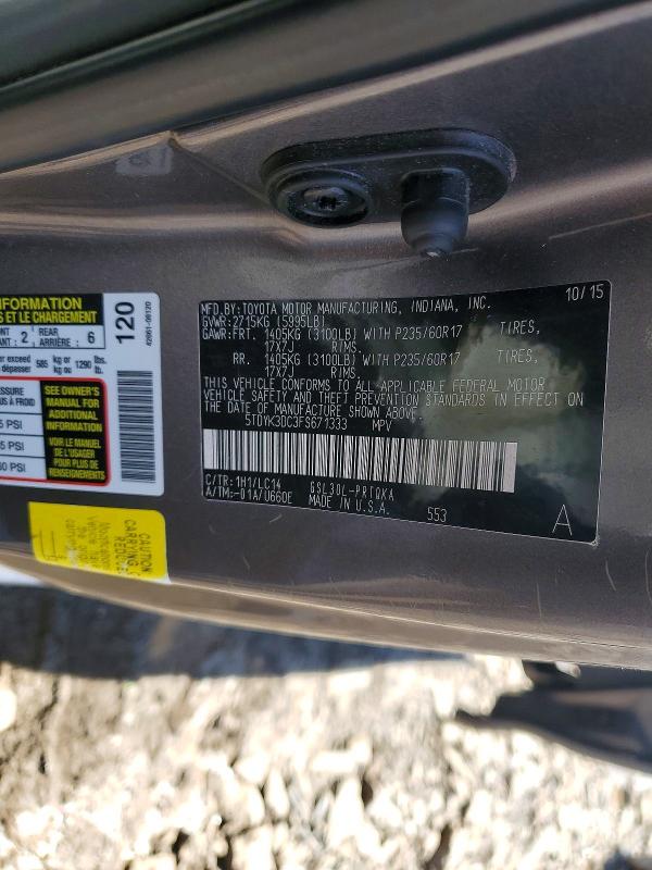 Aukcja sprzedaży 2015 Toyota Sienna, vin: 5TDYK3DC3FS671333, numer aukcji: 52713396