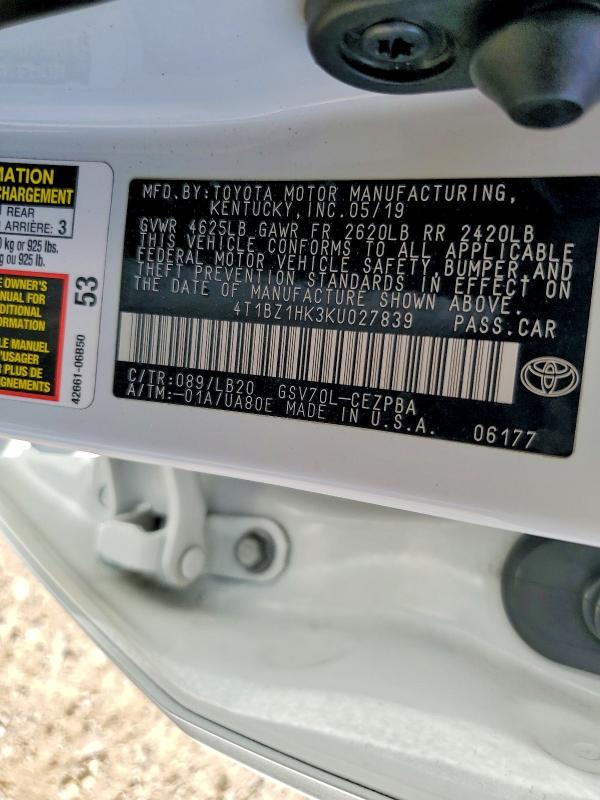 Продажа на аукционе авто 2019 Toyota Camry, vin: 4T1BZ1HK3KU027839, номер лота: 55509486