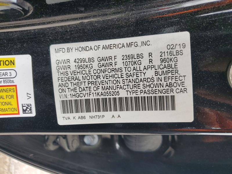 53931396 :رقم المزاد ، 1HGCV1F11KA055205 vin ، 2019 Honda Accord مزاد بيع
