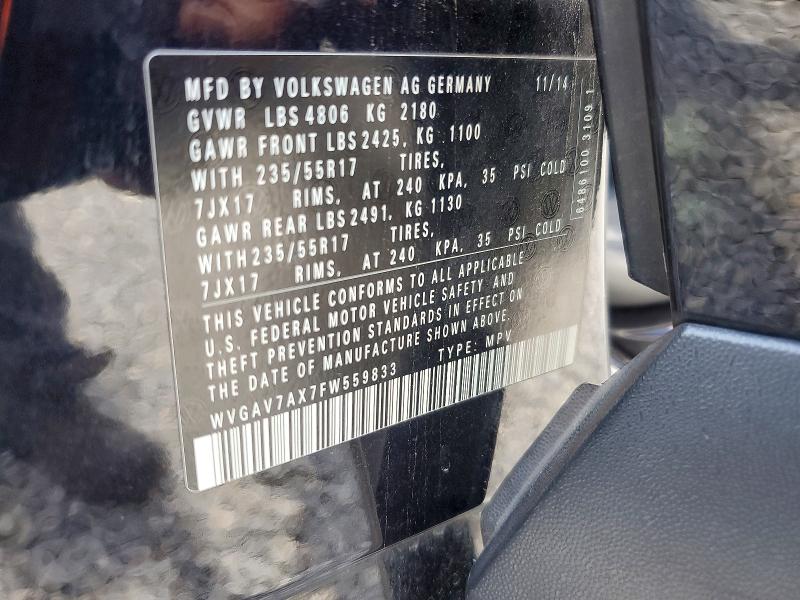 54841146 :رقم المزاد ، WVGAV7AX7FW559833 vin ، 2015 Volkswagen Tiguan مزاد بيع