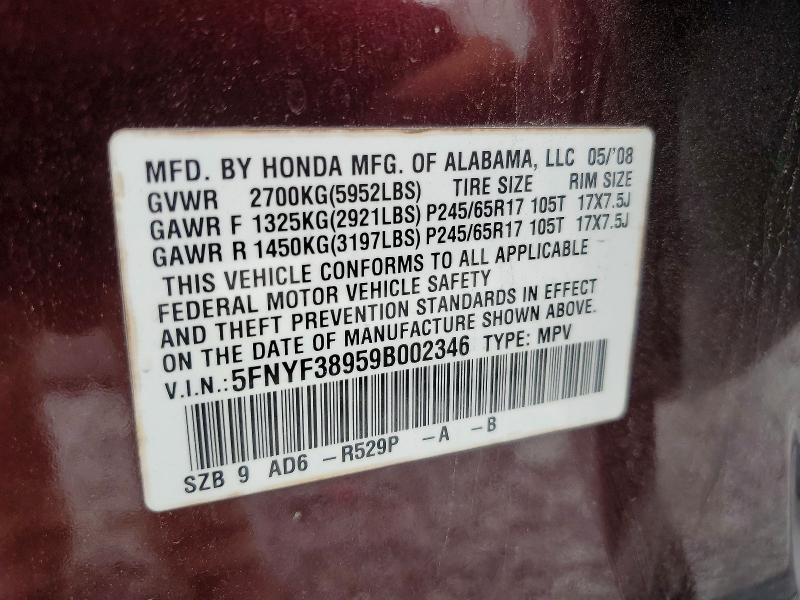 Aukcja sprzedaży 2009 Honda Pilot, vin: 5FNYF38959B002346, numer aukcji: 53254386