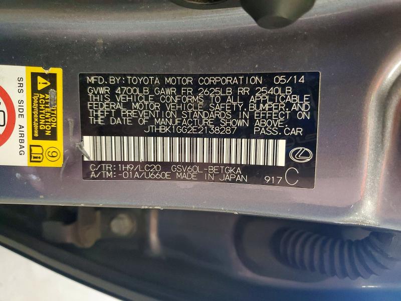 53198346 :رقم المزاد ، JTHBK1GG2E2138287 vin ، 2014 Lexus Es مزاد بيع