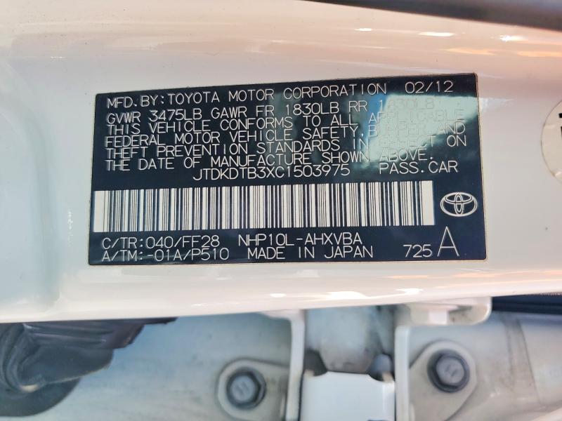 54328886 :رقم المزاد ، JTDKDTB3XC1503975 vin ، 2012 Toyota Prius C مزاد بيع